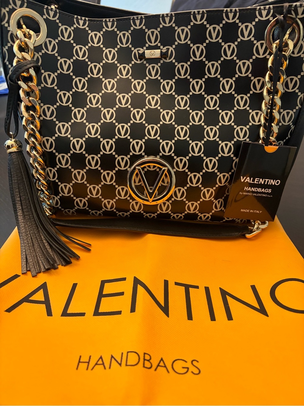 Valentino by Mario Valentino Luisa Monogram Leather Shoulder Bag Black/White